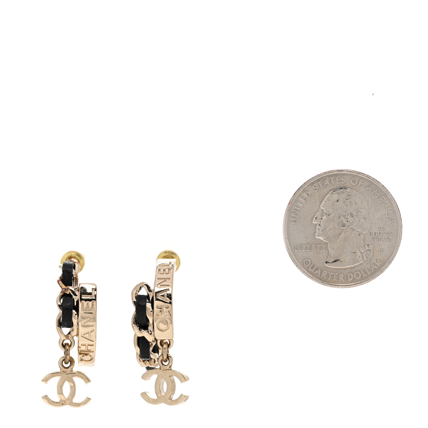 Chanel Metal Lambskin CC Chain Hoop Earrings Gold Black 2 of 7
