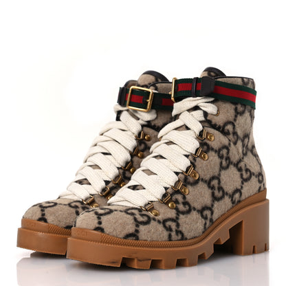Gucci Covered Wool Big GG Monogram Womens Lace Up Combat Ankle Boots 38 Beige Ebony Cocoa 4 of 12