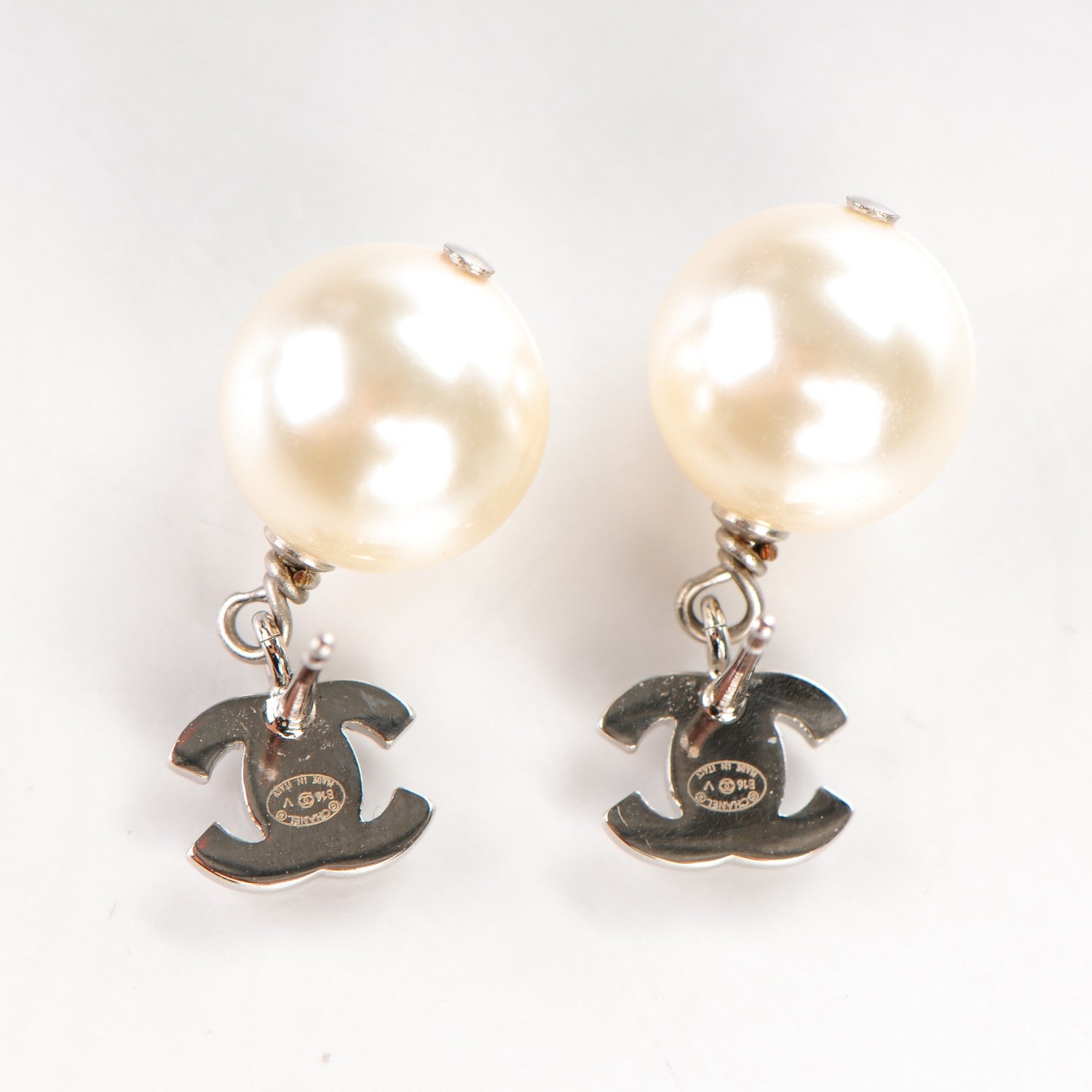 Chanel Crystal Pearl CC Drop Earrings Silver 3 of 5