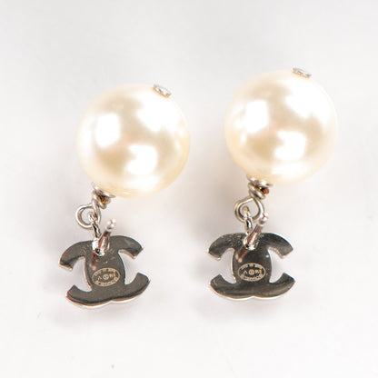 Chanel Crystal Pearl CC Drop Earrings Silver 3 of 5