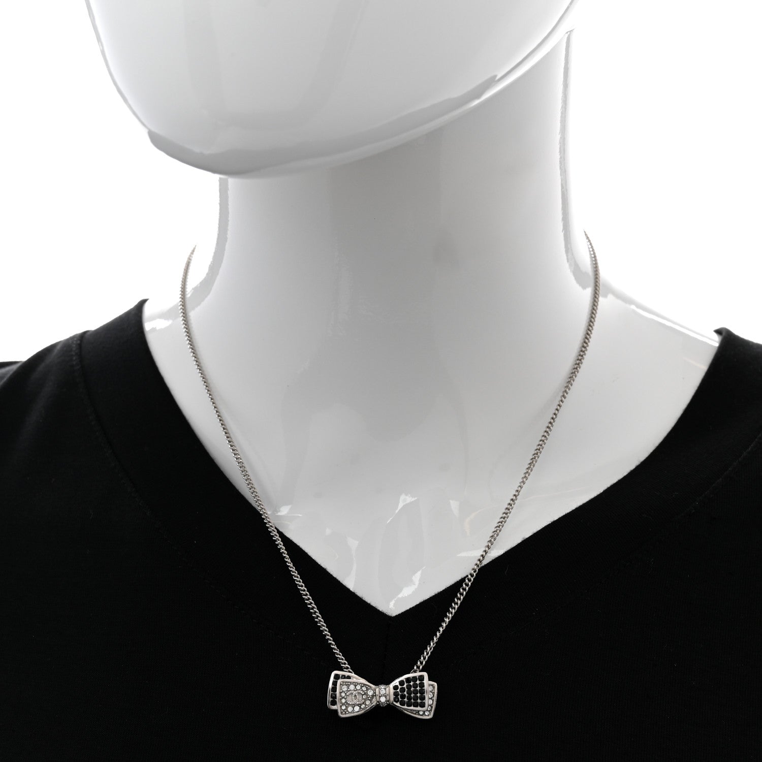 Chanel Crystal CC Bow Necklace Silver Black 2 of 6