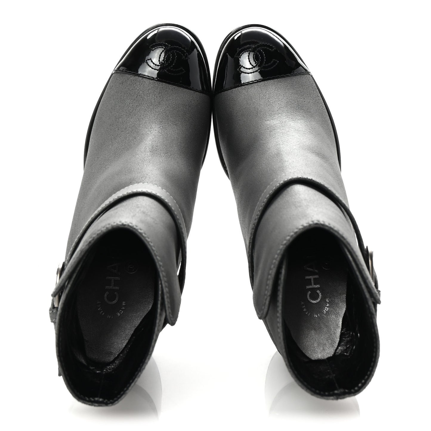 Suede Kidskin Patent Cap Toe Interlocking CC Ankle Boots 39 Dark Silver Black