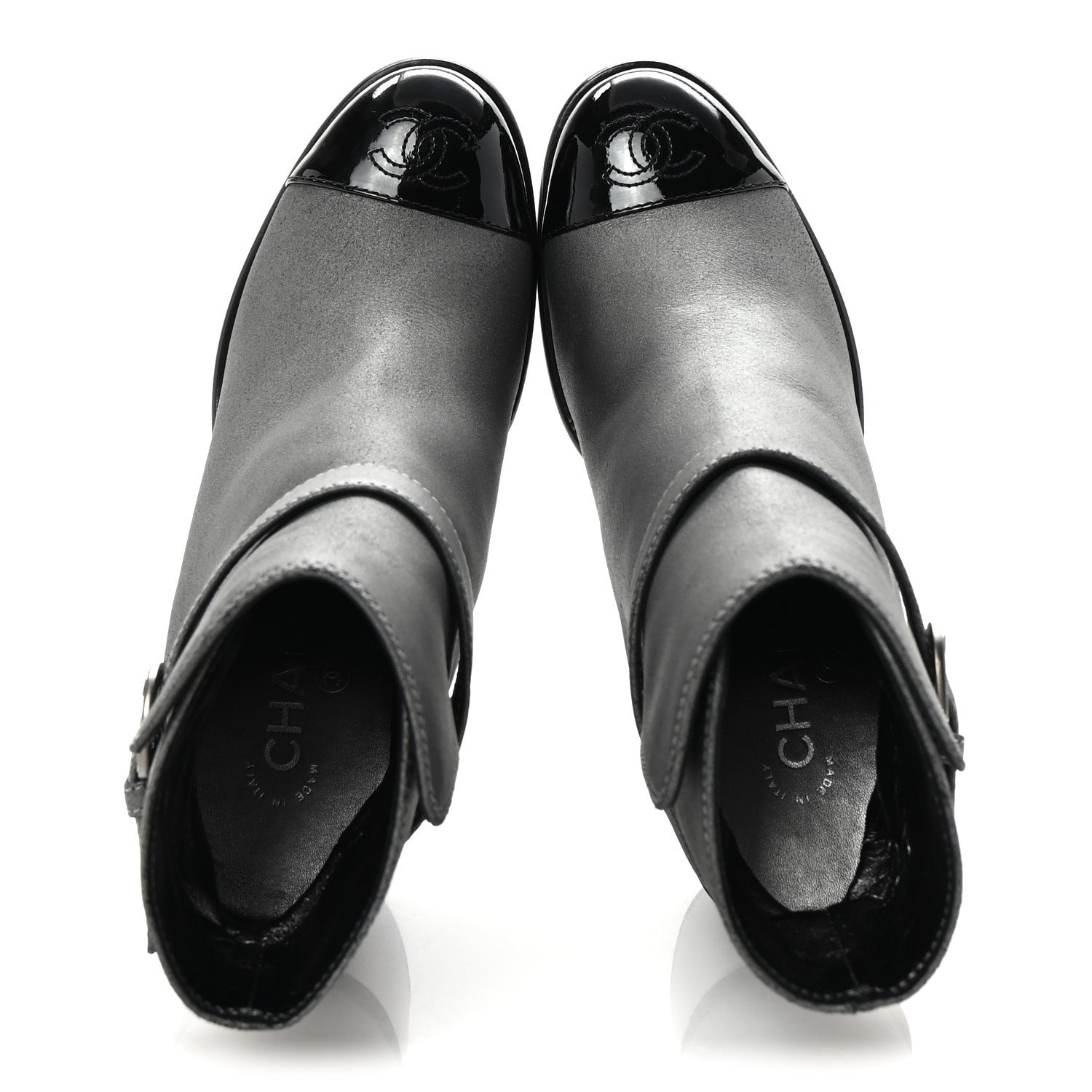 Chanel Suede Kidskin Patent Cap Toe Interlocking CC Ankle Boots 39 Dark Silver Black 2 of 10