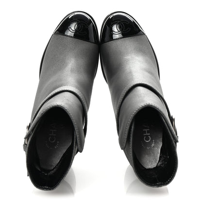 Chanel Suede Kidskin Patent Cap Toe Interlocking CC Ankle Boots 39 Dark Silver Black 2 of 10