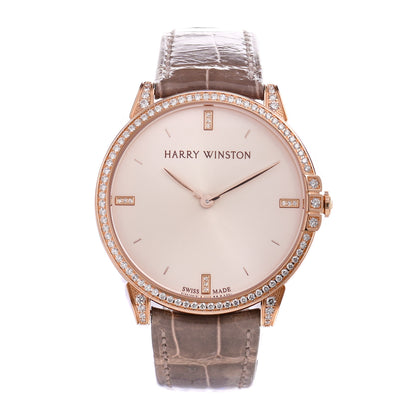 Harry Winston 18K Rose Gold Alligator Diamond Bezel 39mm Midnight Quartz Watch Champagne 1 of 9