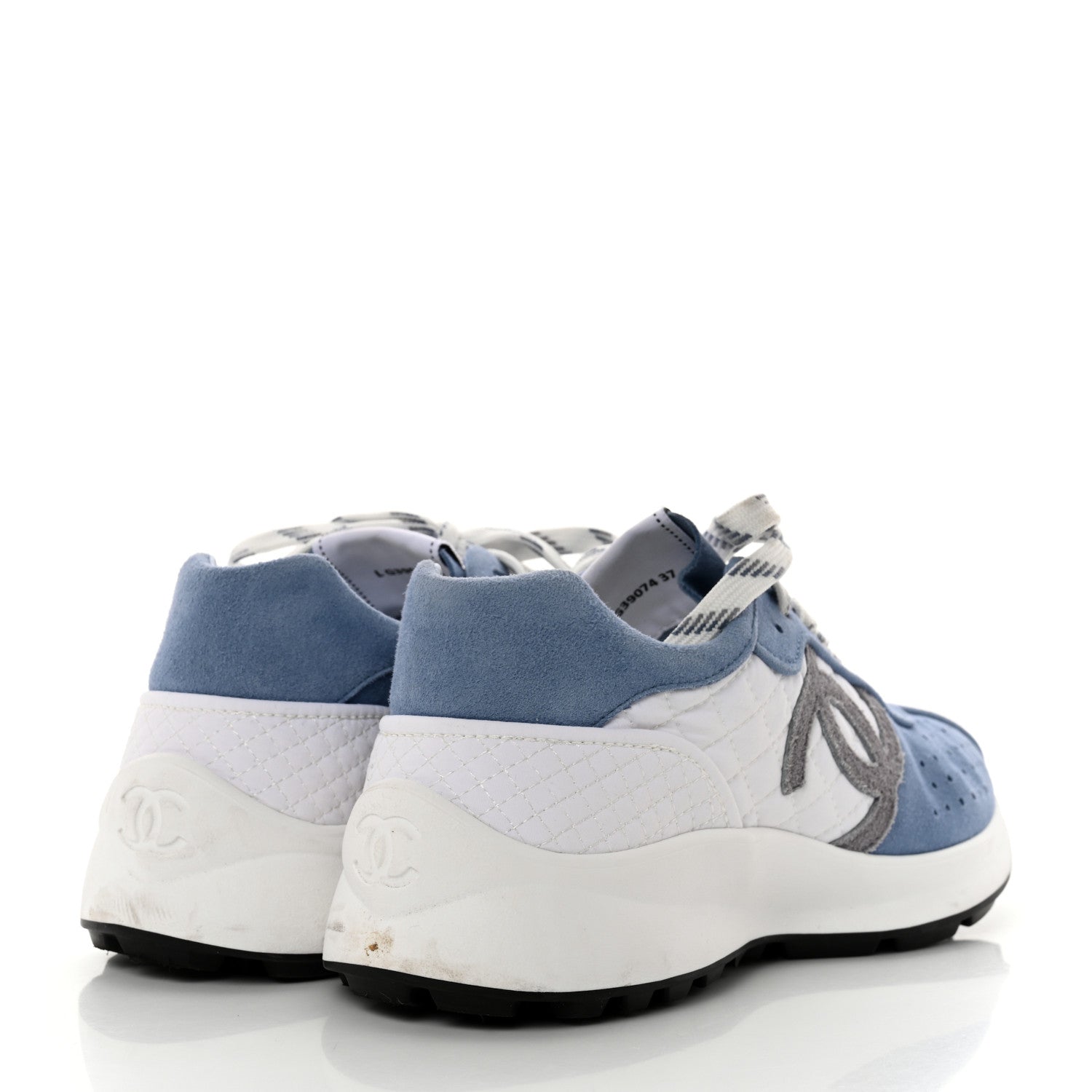 Chanel Suede Kidskin Fabric Perforated Quilted Womens CC Sneakers 37 Blue White 4 of 9