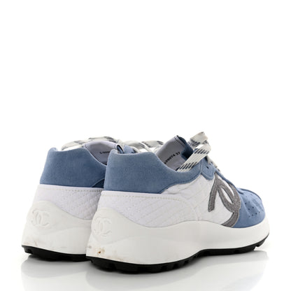 Chanel Suede Kidskin Fabric Perforated Quilted Womens CC Sneakers 37 Blue White 4 of 9