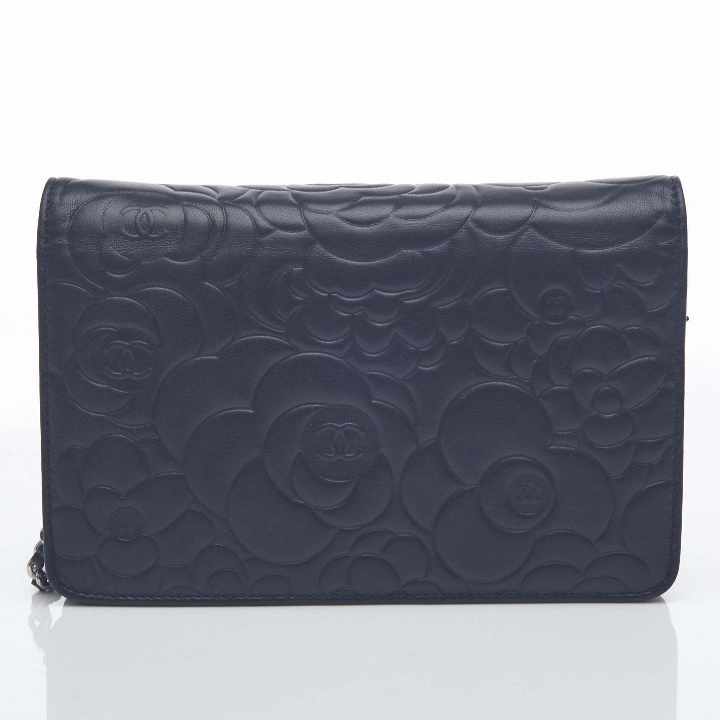 Lambskin Camellia Embossed Wallet On Chain WOC Black