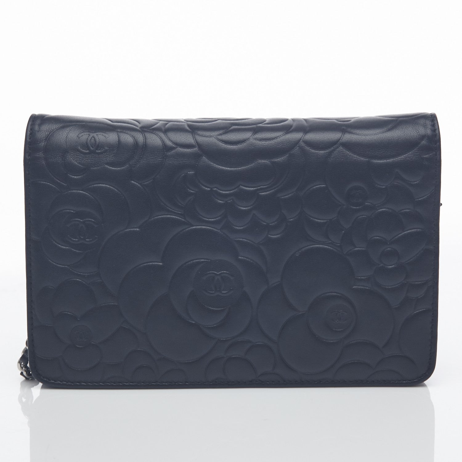 Chanel Lambskin Camellia Embossed Wallet On Chain WOC Black 4 of 9