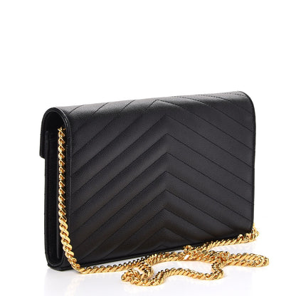 Saint Laurent Grain De Poudre Matelasse Chevron Monogram Chain Wallet Black 3 of 9
