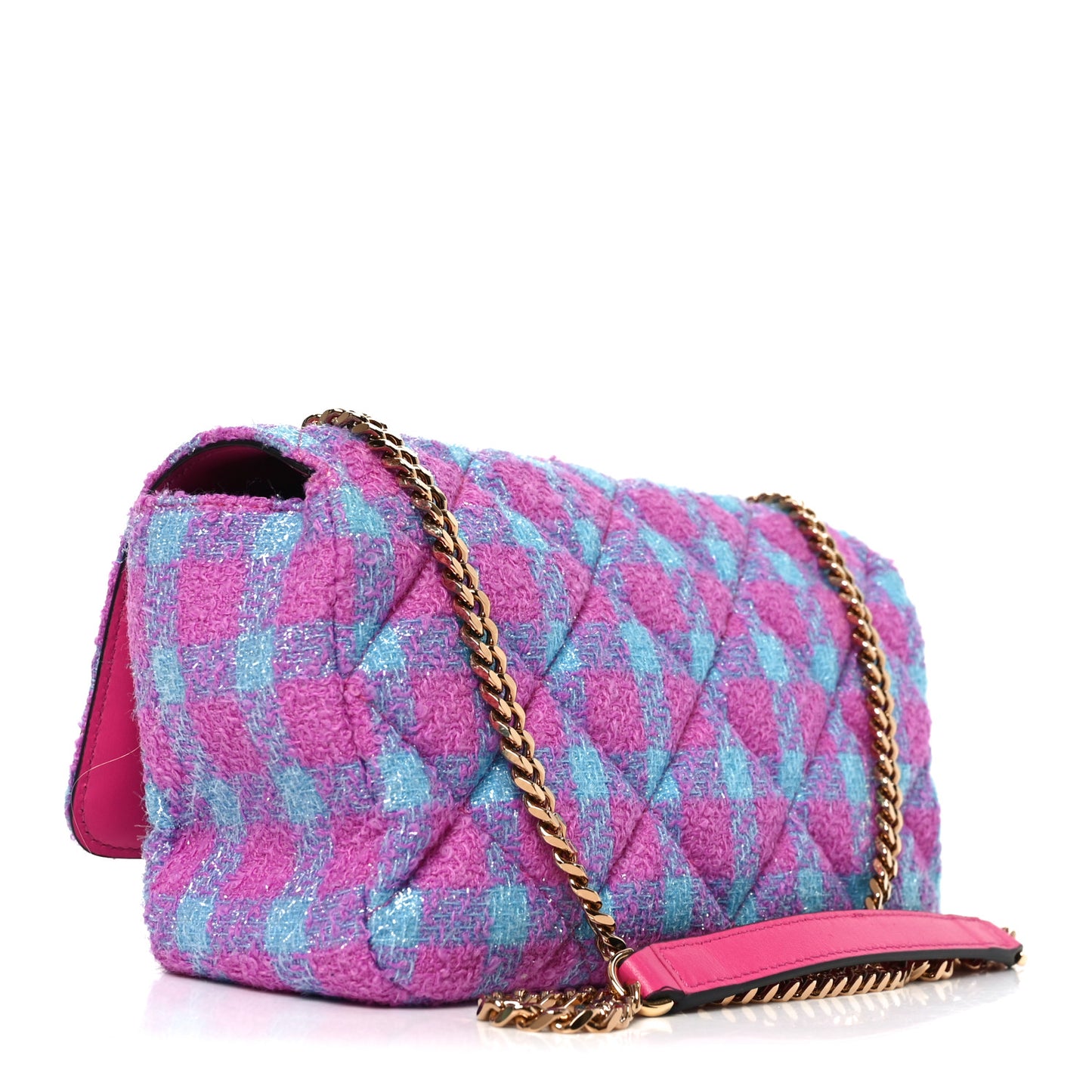 Tweed Quilted Medusa Medium Chain Crossbody Pink Blue