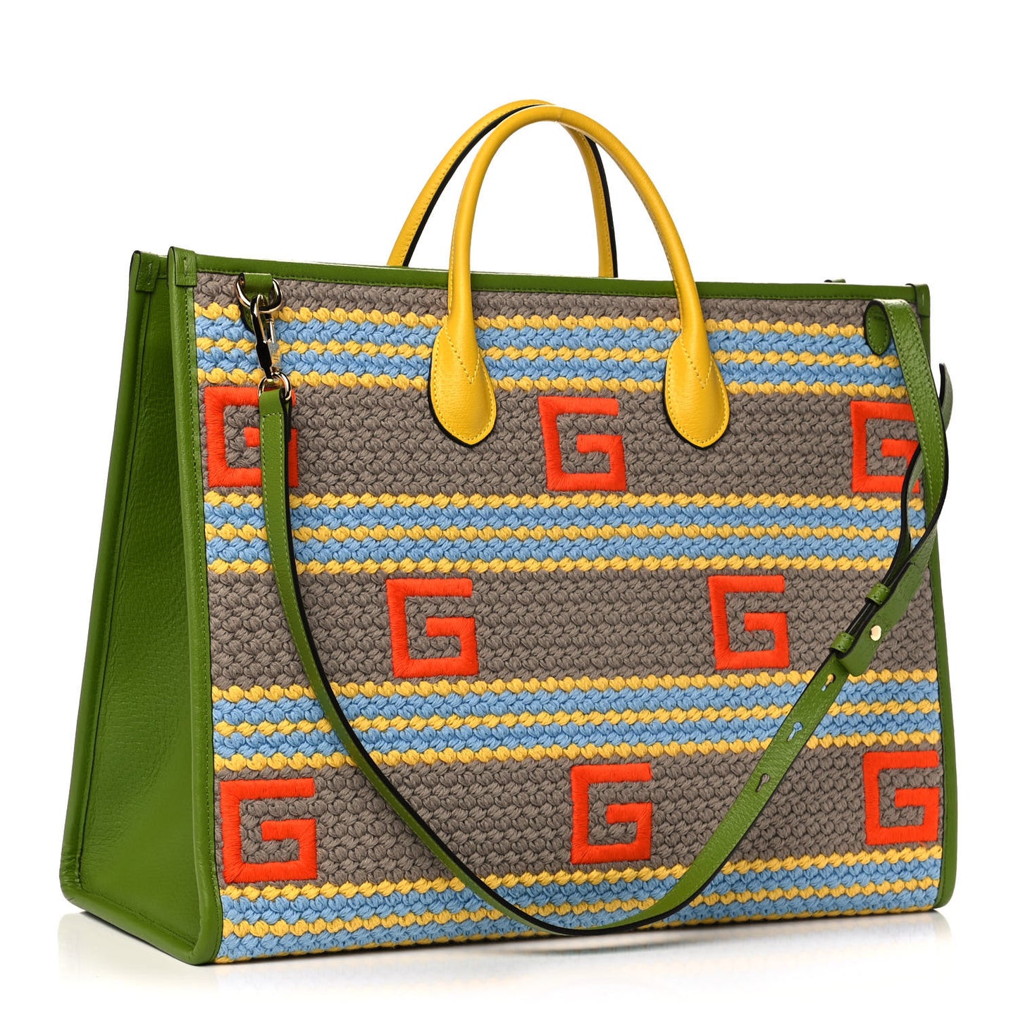 Fabric Embroidered Square G Forte Dei Marmi Striped Tote Bag Green Yellow