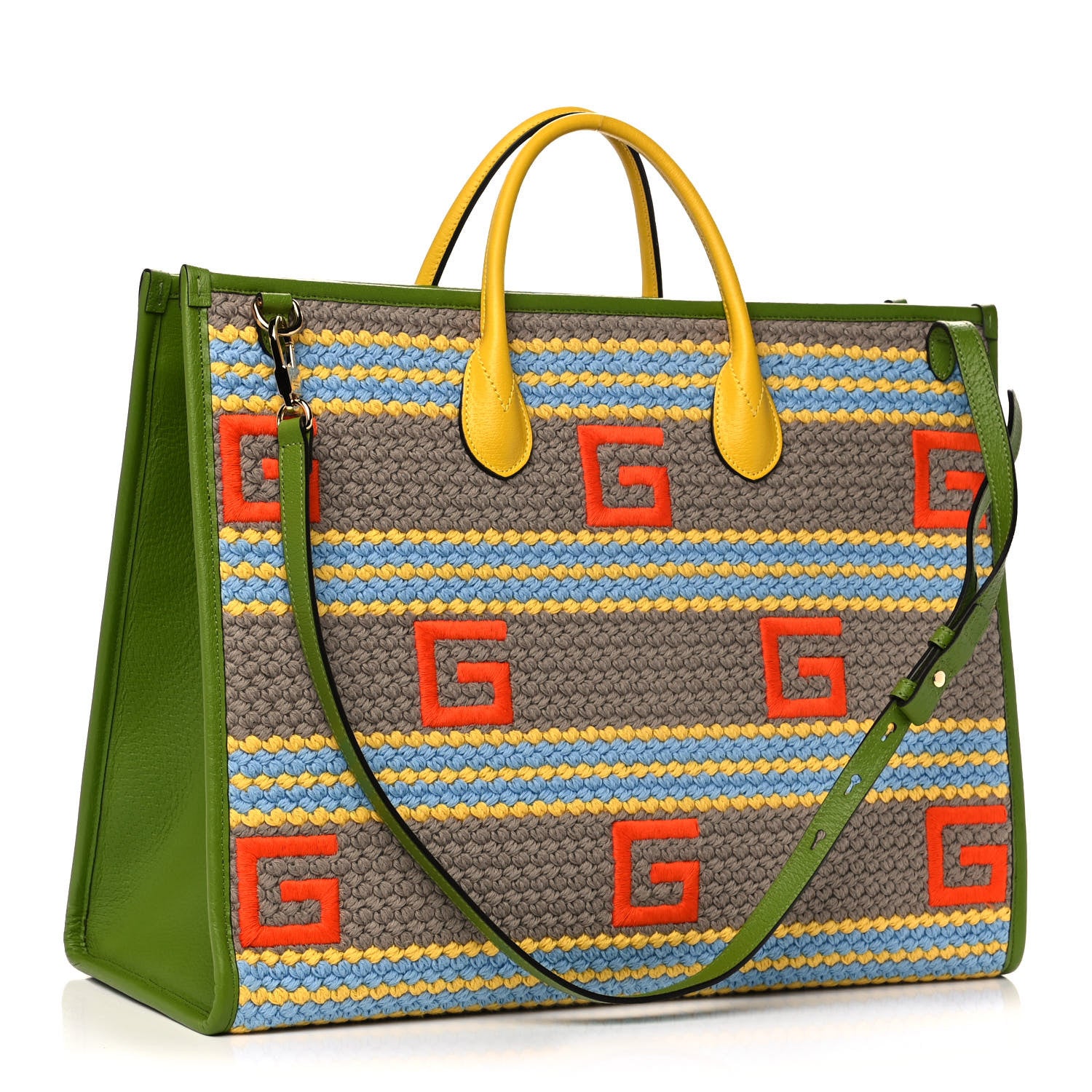 Gucci Fabric Embroidered Square G Forte Dei Marmi Striped Tote Bag Green Yellow 3 of 12
