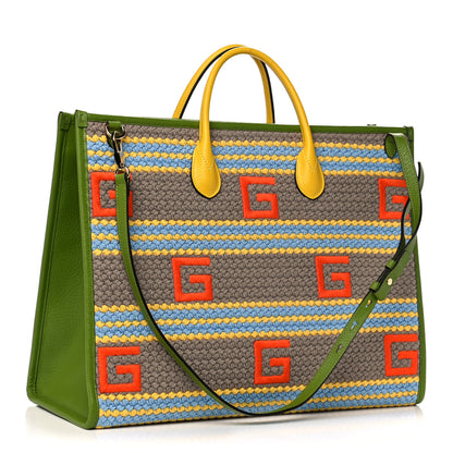 Gucci Fabric Embroidered Square G Forte Dei Marmi Striped Tote Bag Green Yellow 3 of 12