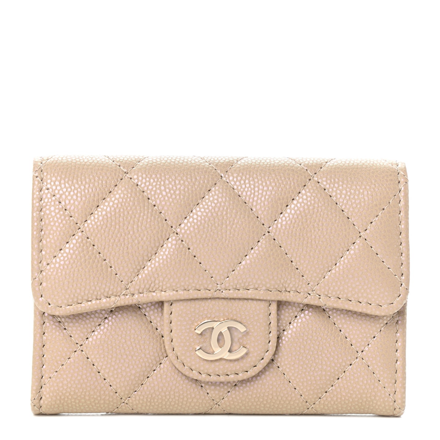 Iridescent Caviar Quilted Flap Card Holder Wallet Beige