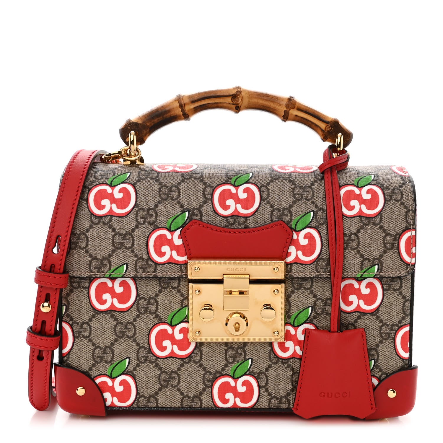 Gucci GG Supreme Monogram Apple Small Padlock Bamboo Shoulder Bag Beige Multicolor Lobster Red 1 of 10