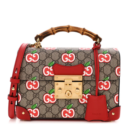 Gucci GG Supreme Monogram Apple Small Padlock Bamboo Shoulder Bag Beige Multicolor Lobster Red 1 of 10