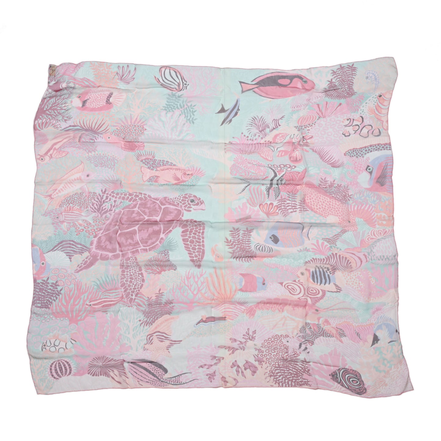 Silk Mousseline Under The Waves Shawl 140 Vert D Eau Vieux Rose Corail