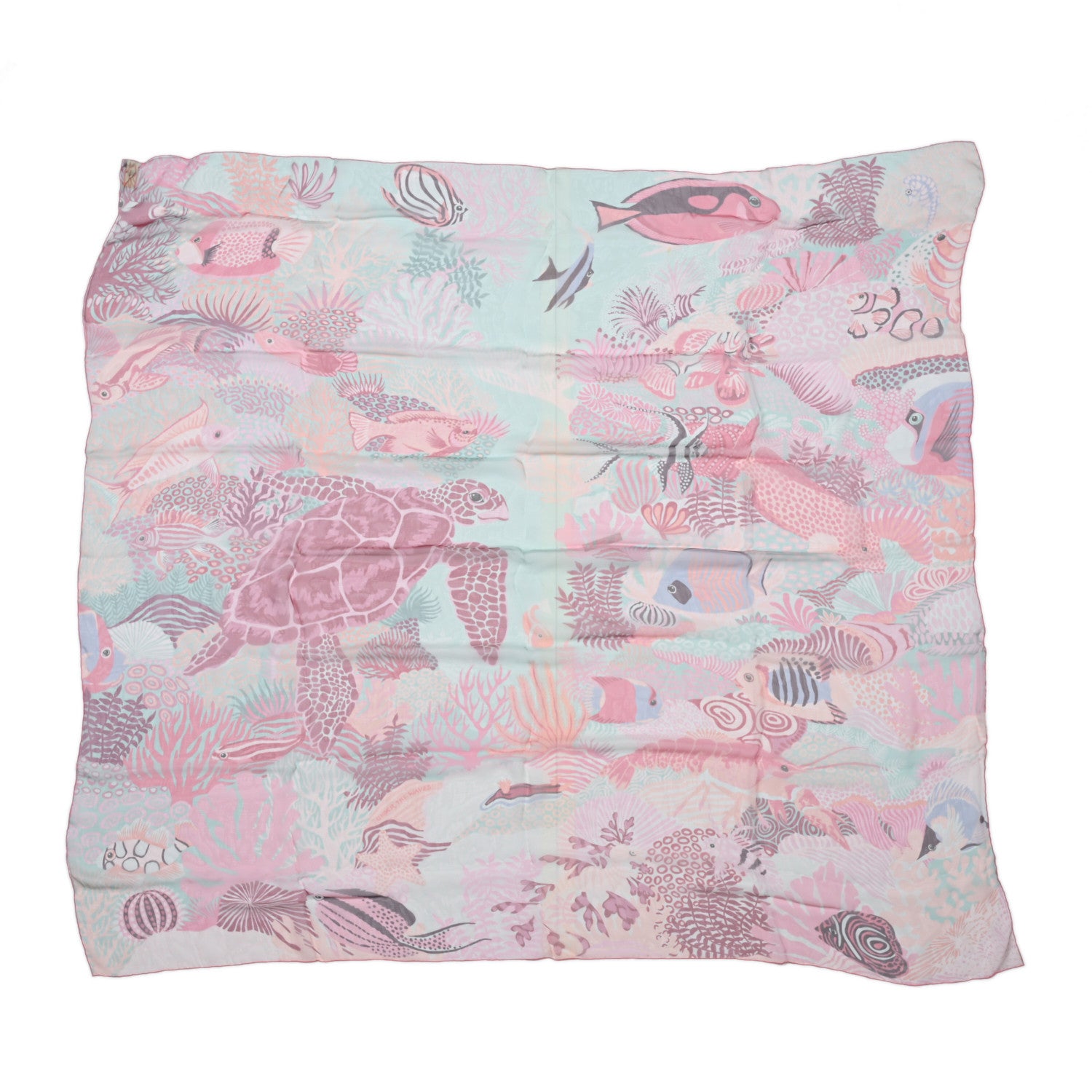 Hermes Silk Mousseline Under The Waves Shawl 140 Vert D Eau Vieux Rose Corail 1 of 7