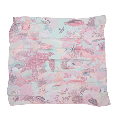 Hermes Silk Mousseline Under The Waves Shawl 140 Vert D Eau Vieux Rose Corail 1 of 7