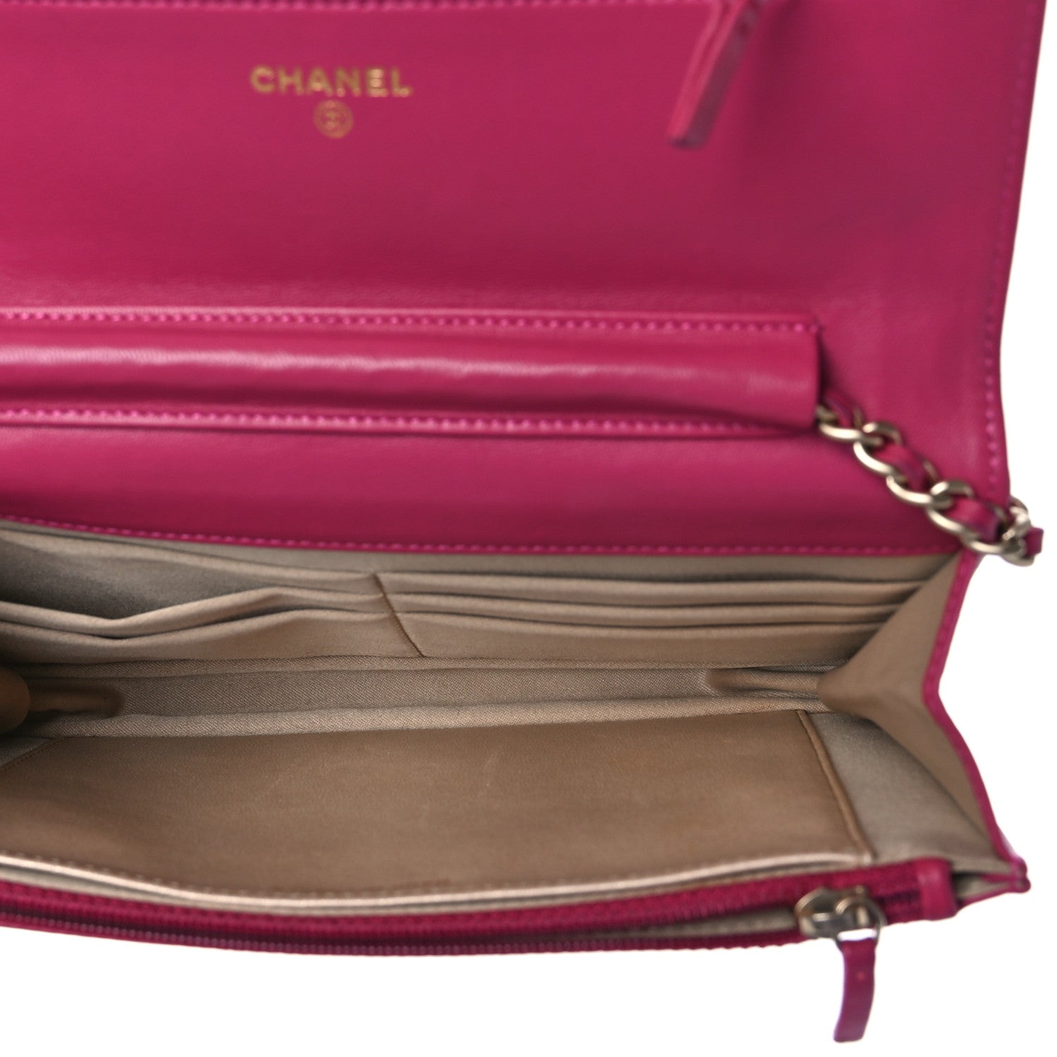 Chanel Lambskin Camellia Embossed Wallet On Chain WOC Fuchsia 4 of 11