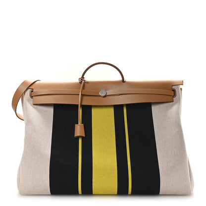 Hermes H Plume Canvas Vache Hunter Rayures d'Equipage Herbag Cabine Zip 50 Jaune Ecru Beige Gold 1 of 10