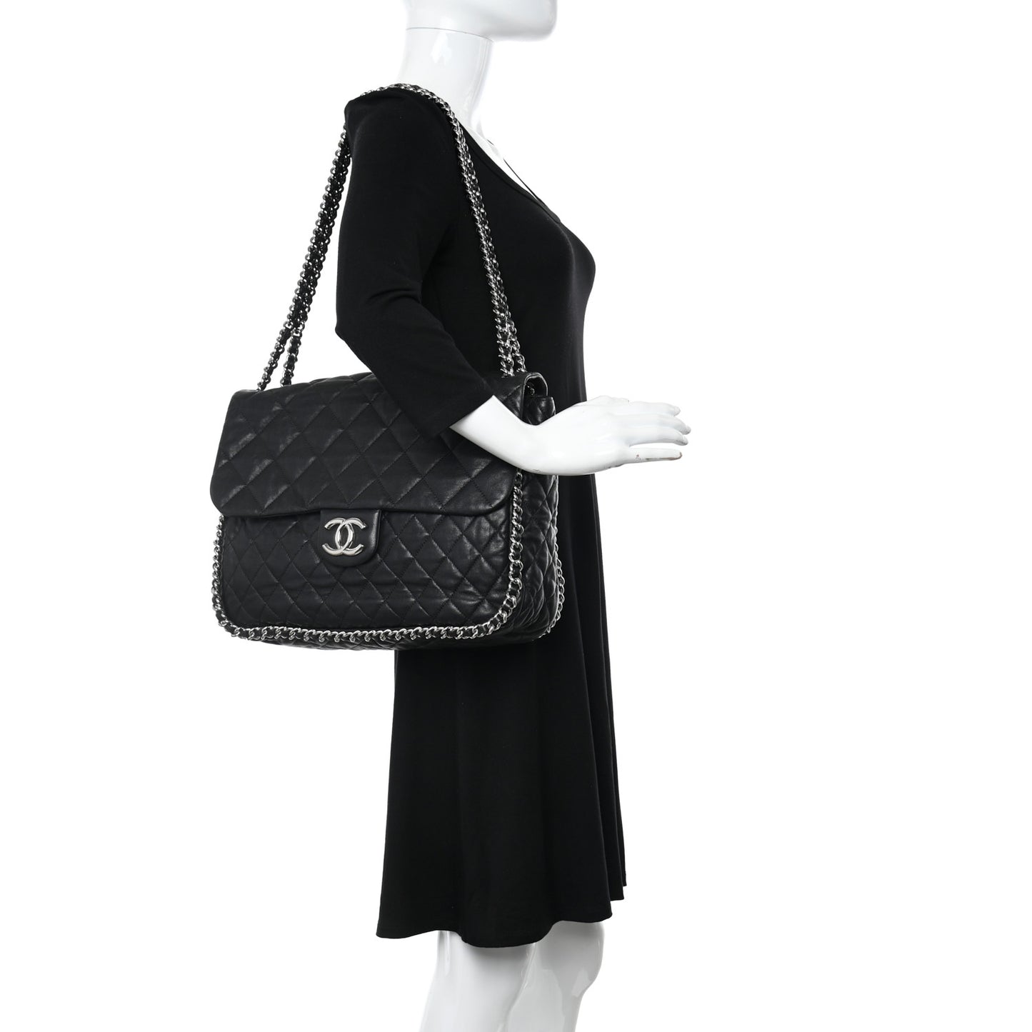 Washed Lambskin Quilted Maxi Chain Around Flap Black