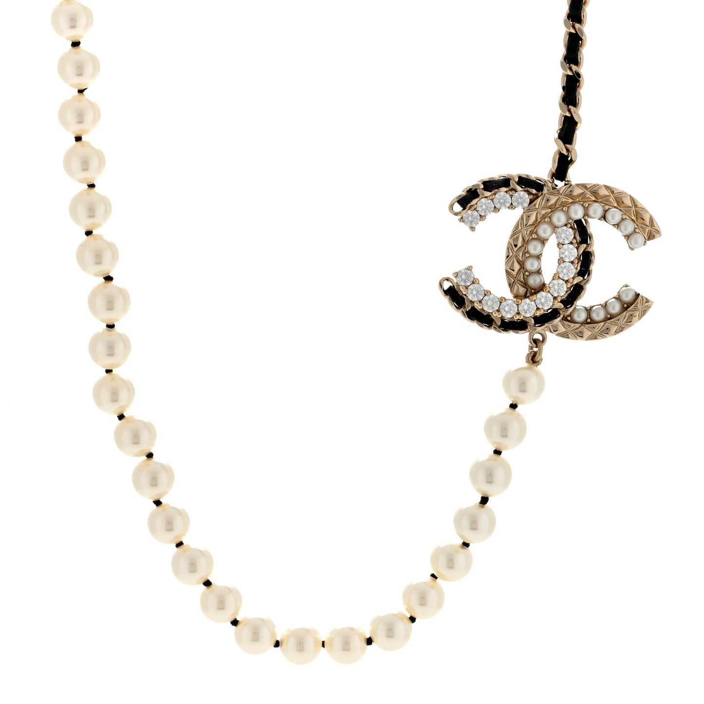 Pearl Crystal Lambskin CC Necklace Gold Black
