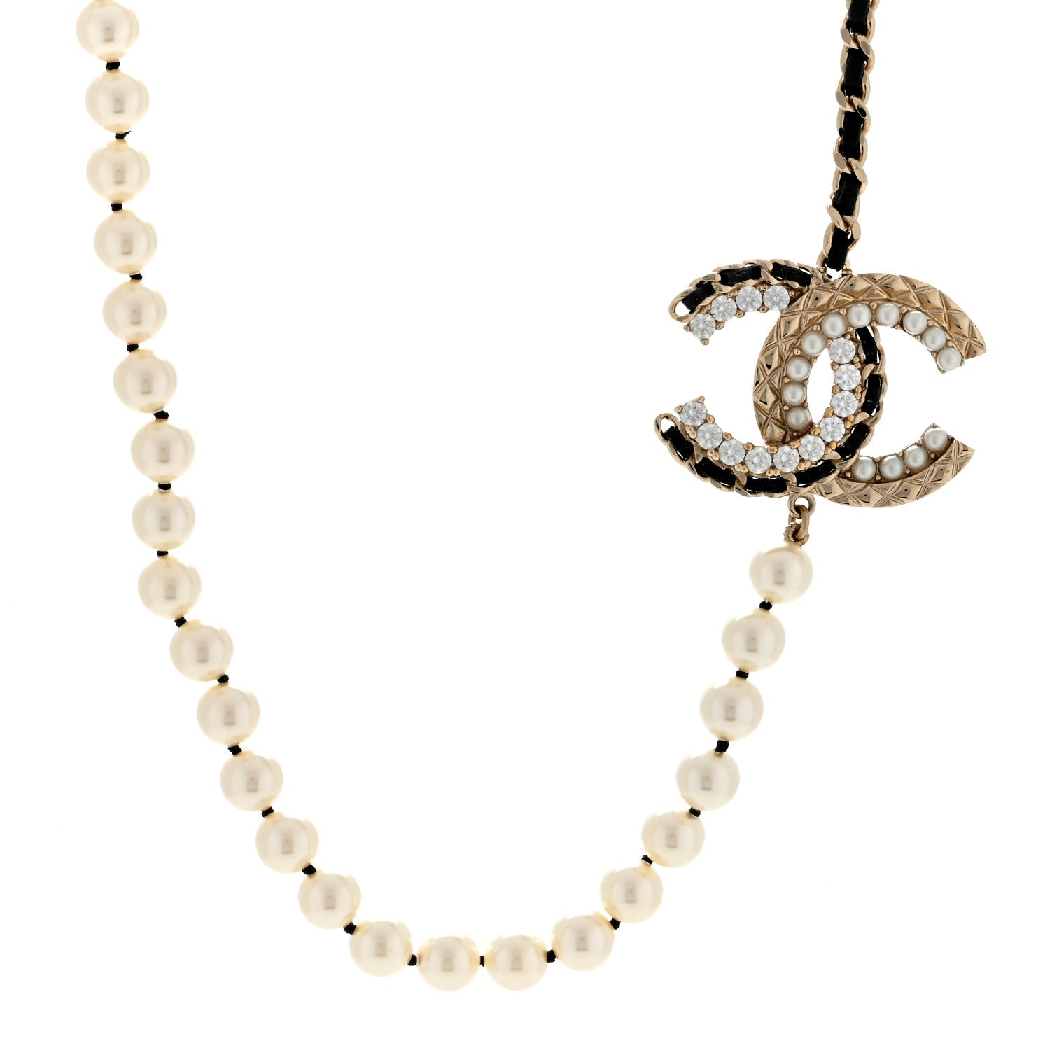 Chanel Pearl Crystal Lambskin CC Necklace Gold Black 1 of 3