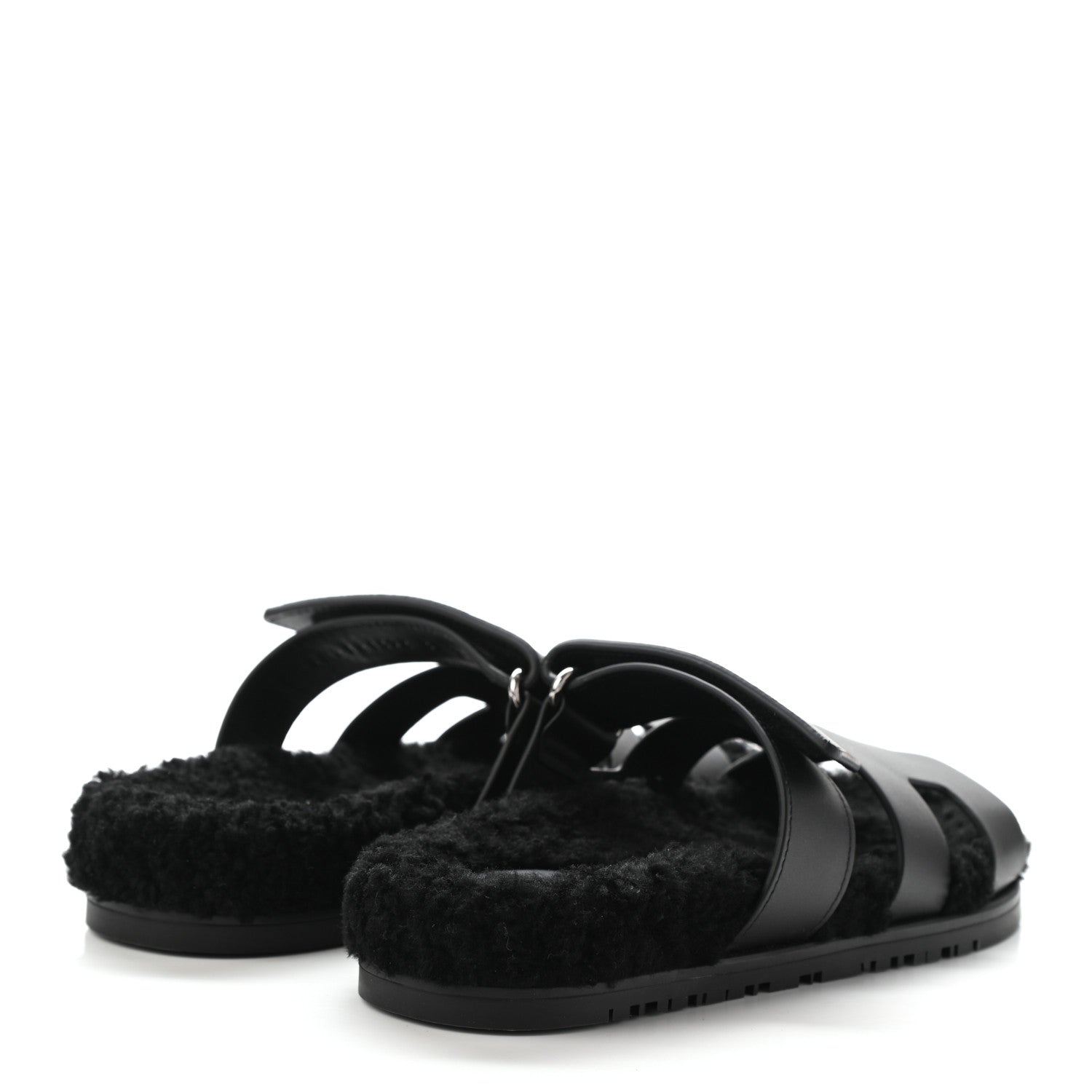 Hermes Calfskin Woolskin Womens Chypre Sandals 37 Black 4 of 9