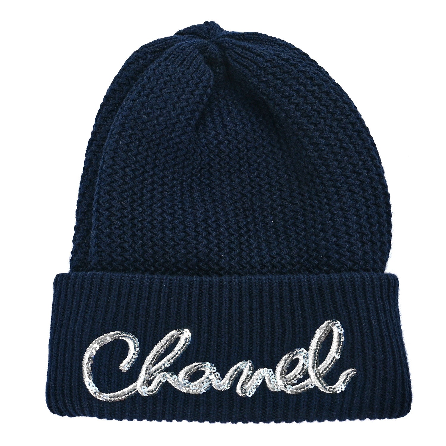 Chanel Cashmere Sequin Logo Beanie Hat Navy Silver 1 of 4