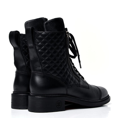 Chanel Calfskin Quilted Lace Up Combat Boots 40 Black 3 of 5