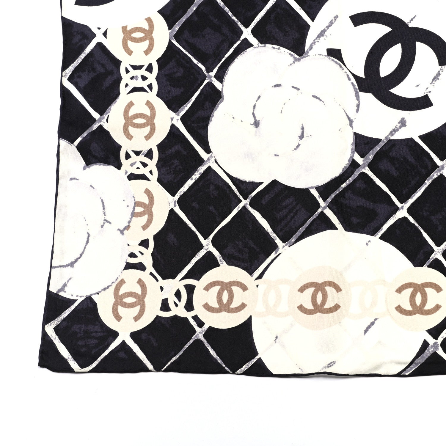 Chanel Silk CC Logo Camellia Scarf White Black 3 of 4