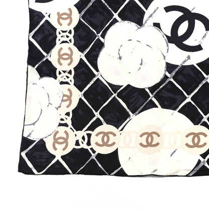 Chanel Silk CC Logo Camellia Scarf White Black 3 of 4