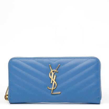 Saint Laurent Grain De Poudre Matelasse Chevron Monogram Zip Around Wallet Blue Clair 1 of 6