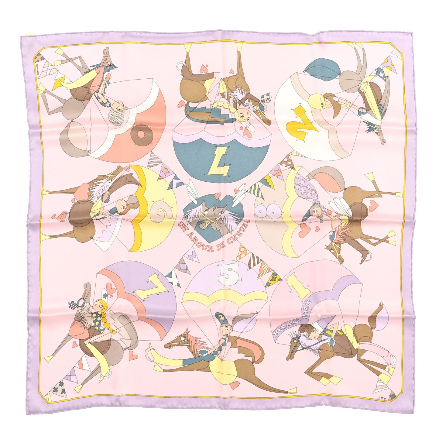 Silk Vintage Un Amour de Cheval Scarf 70 Lilas Rose Pale Jaune Pale