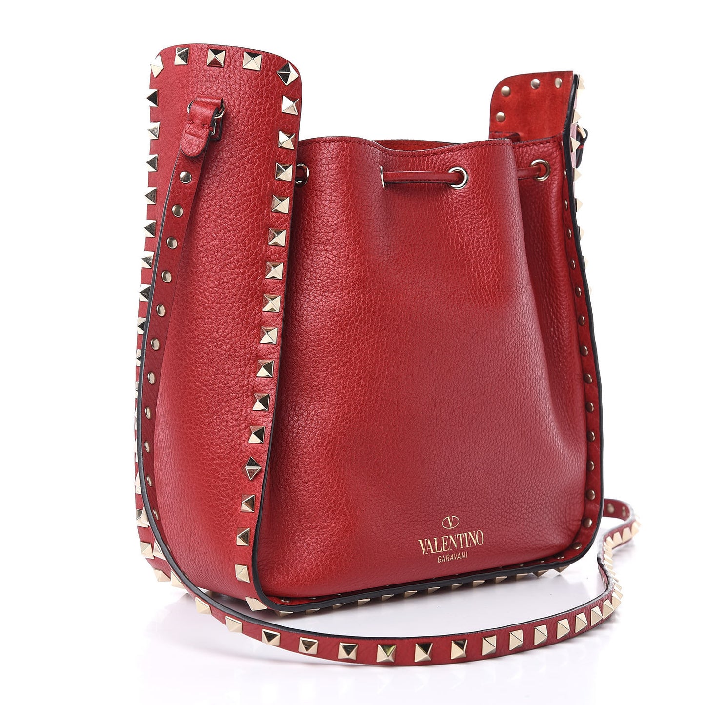 Grained Calfskin Rockstud Bucket Bag Red