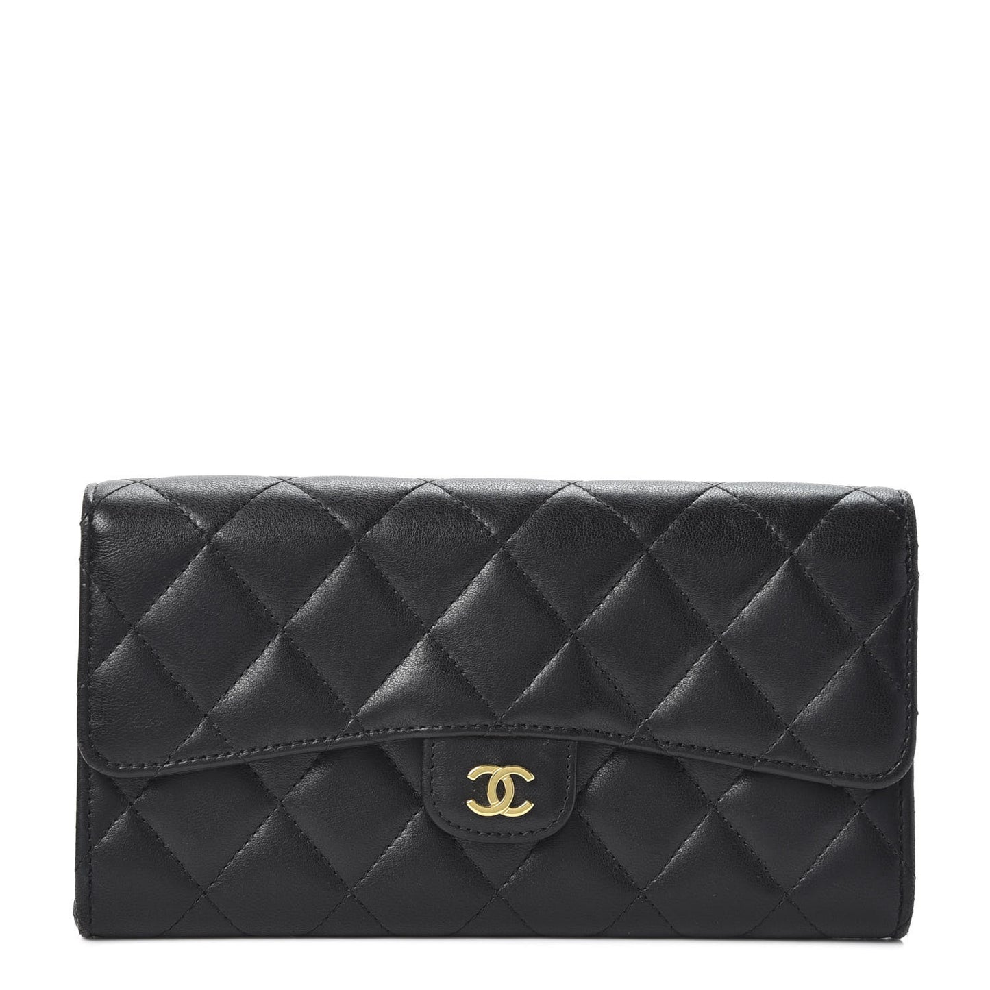 Lambskin Quilted Large Gusset Flap Wallet Black