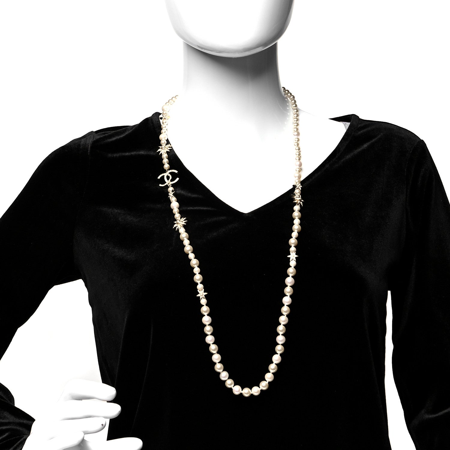 Chanel Pearl Crystal CC Star Long Necklace Gold 2 of 5