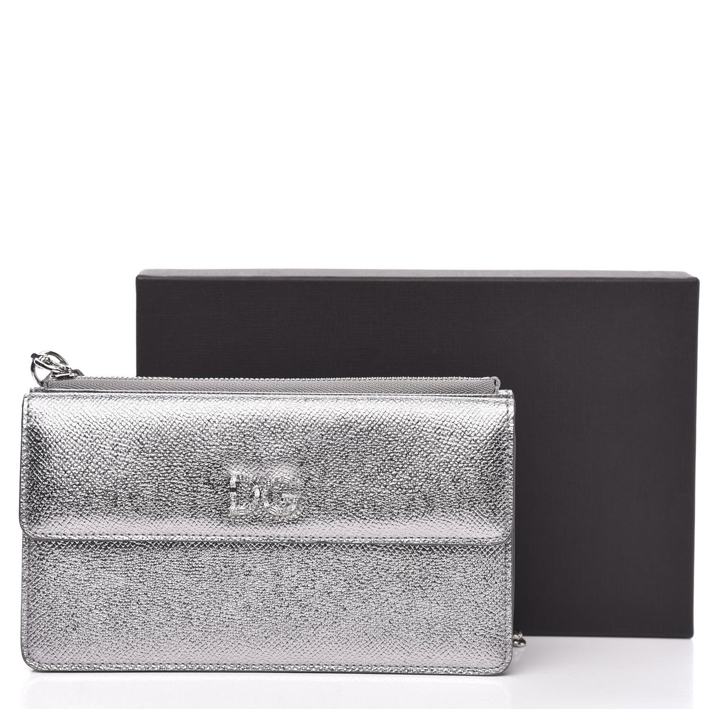 Metallic Dauphine Embellished Logo Chain Pouch Argento
