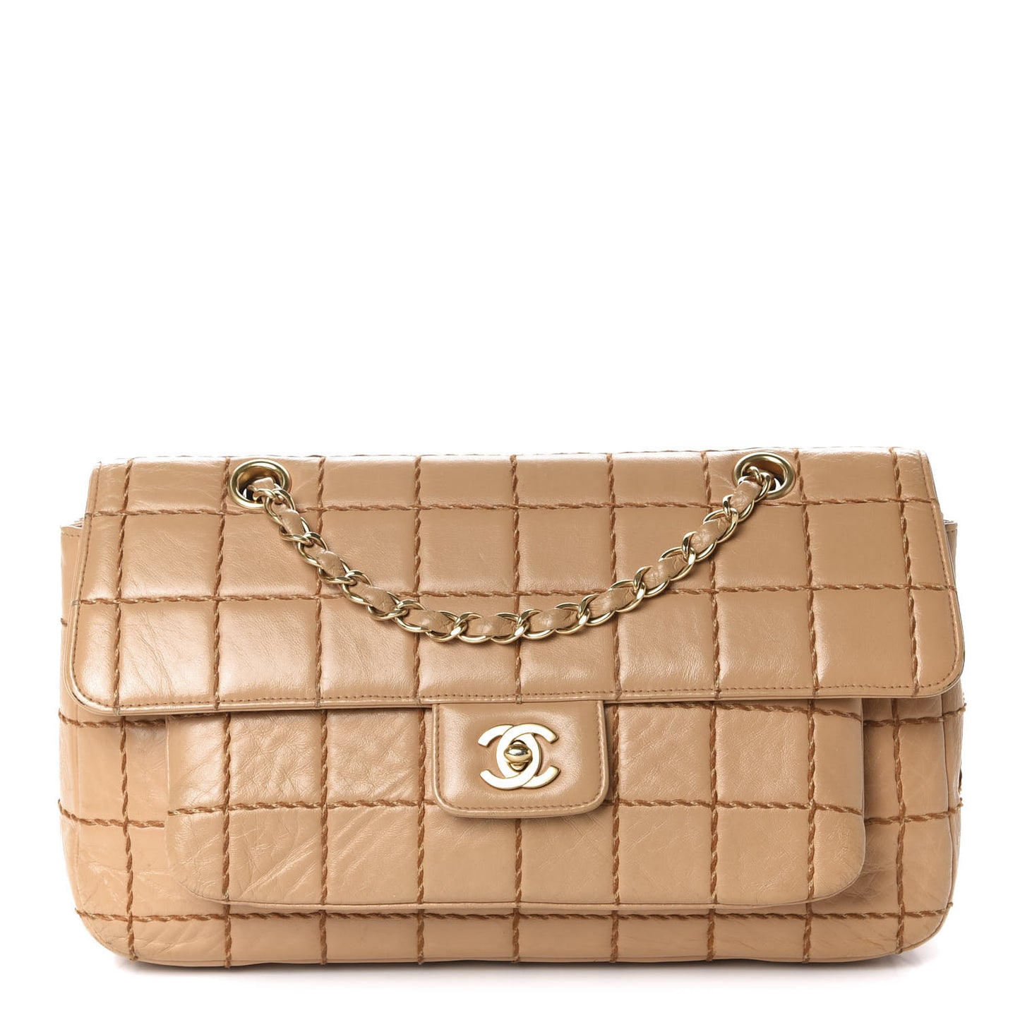 Lambskin Square Double Stitch Flap Beige