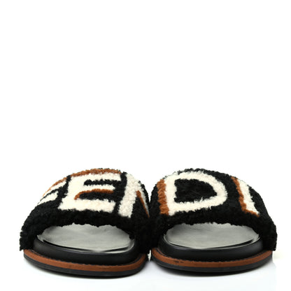 Fendi Shearling Logo Slide Sandals 36.5 Black Latte Brownie 2 of 11