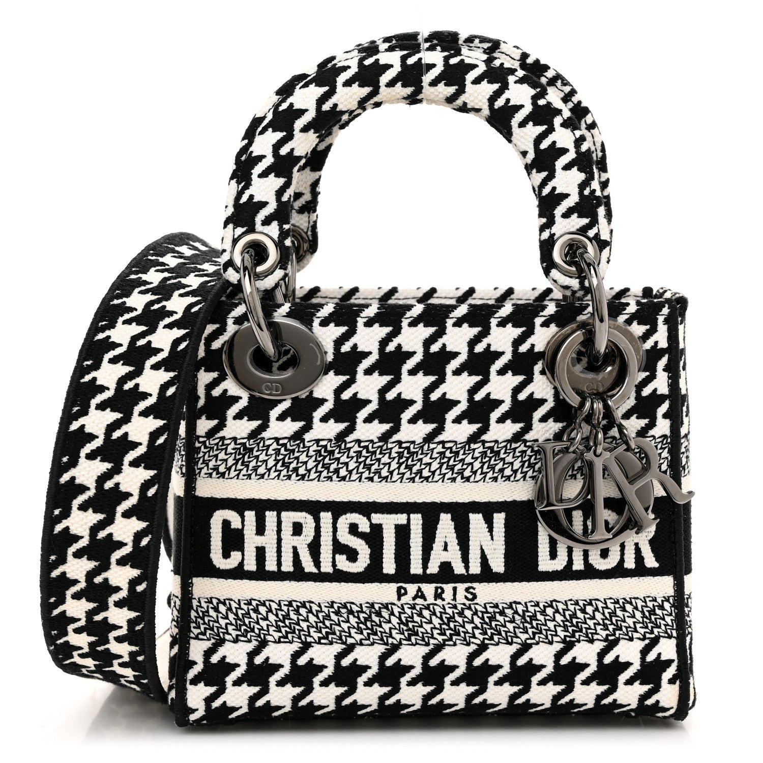 Christian Dior Canvas Houndstooth Embroidered Mini Lady D-Lite Black White 1 of 11