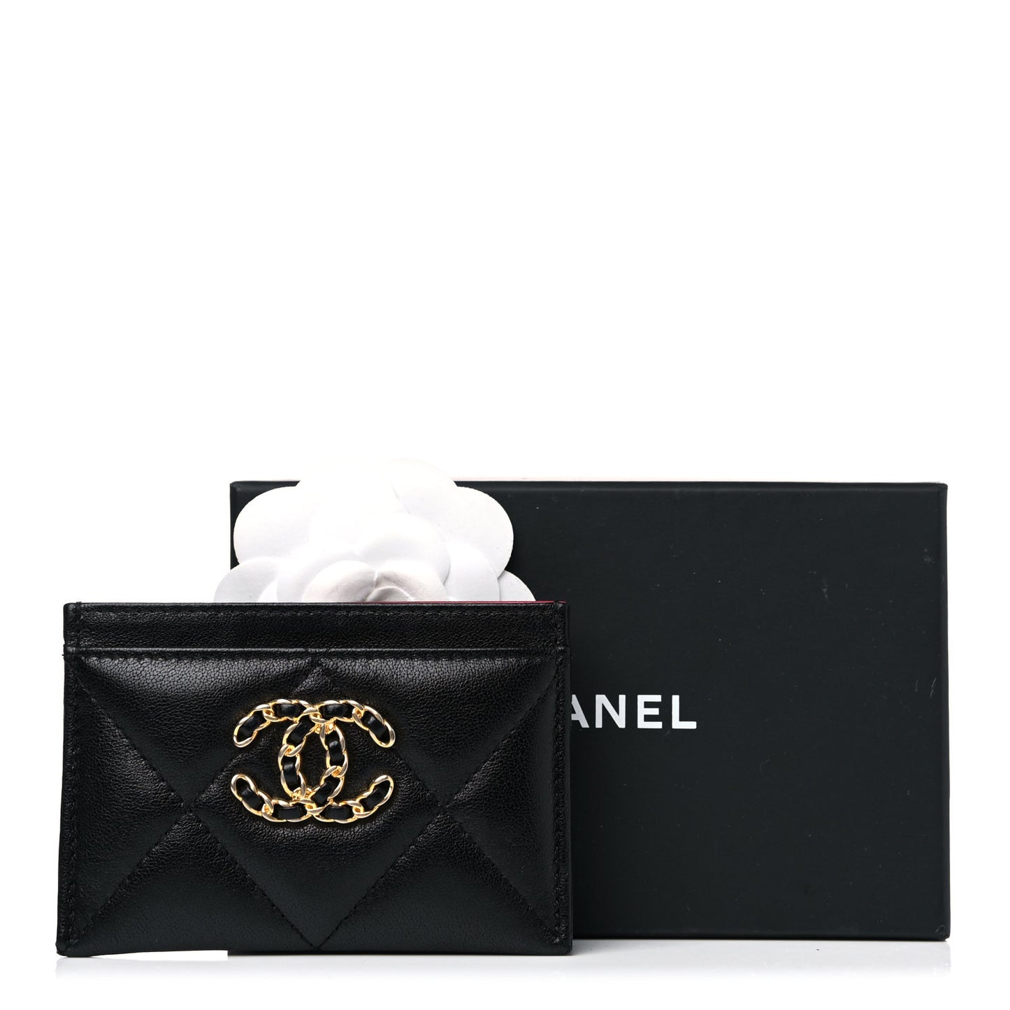 Shiny Goatskin Quilted Chanel 19 Card Holder Black