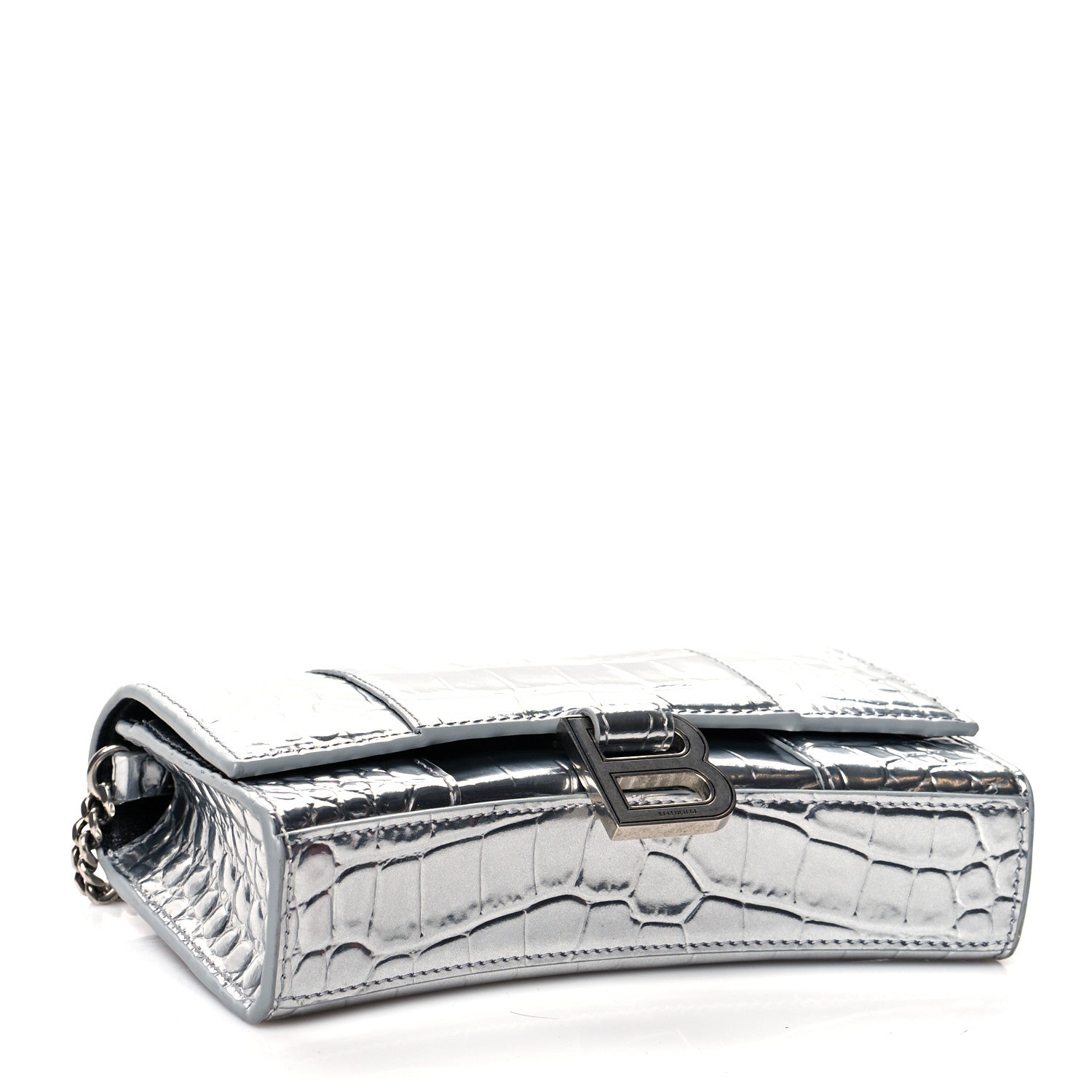 Balenciaga Metallic Calfskin Crocodile Embossed Hourglass Chain Bag Silver 3 of 8