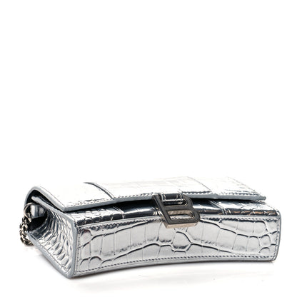 Balenciaga Metallic Calfskin Crocodile Embossed Hourglass Chain Bag Silver 3 of 8
