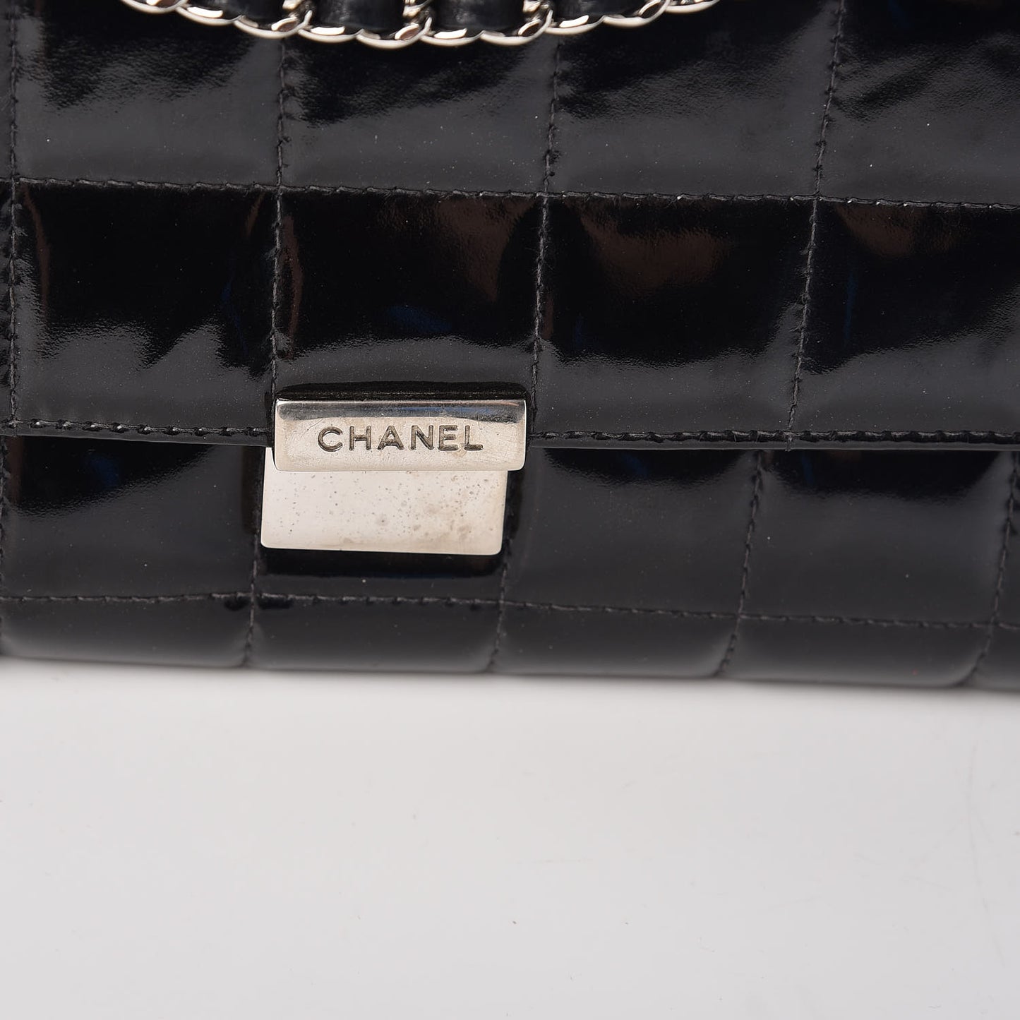 Patent Chocolate Bar Chain Clutch Black