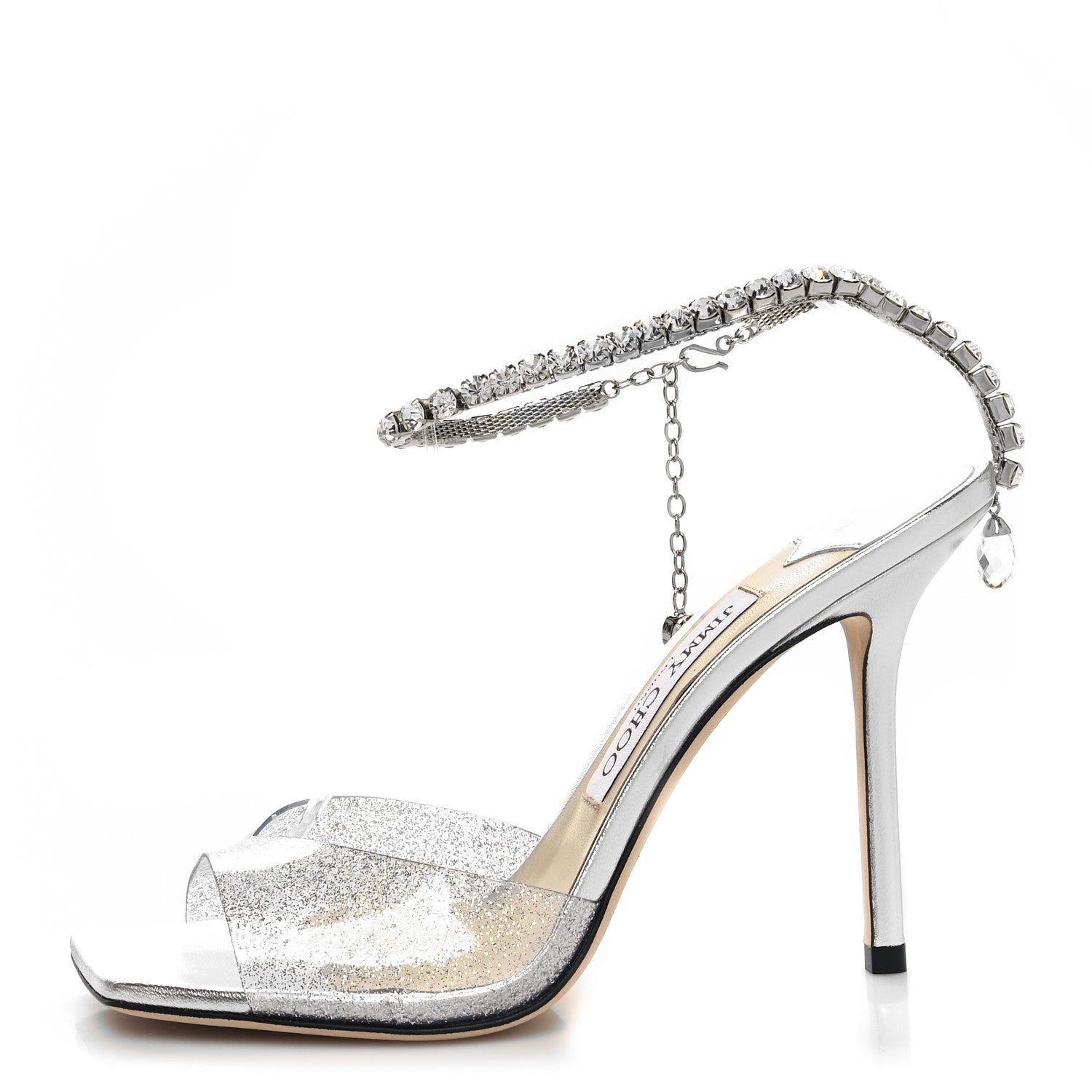 Jimmy Choo Plexi Glitter Crystal Saeda 100 Sandal 37.5 Silver 1 of 8