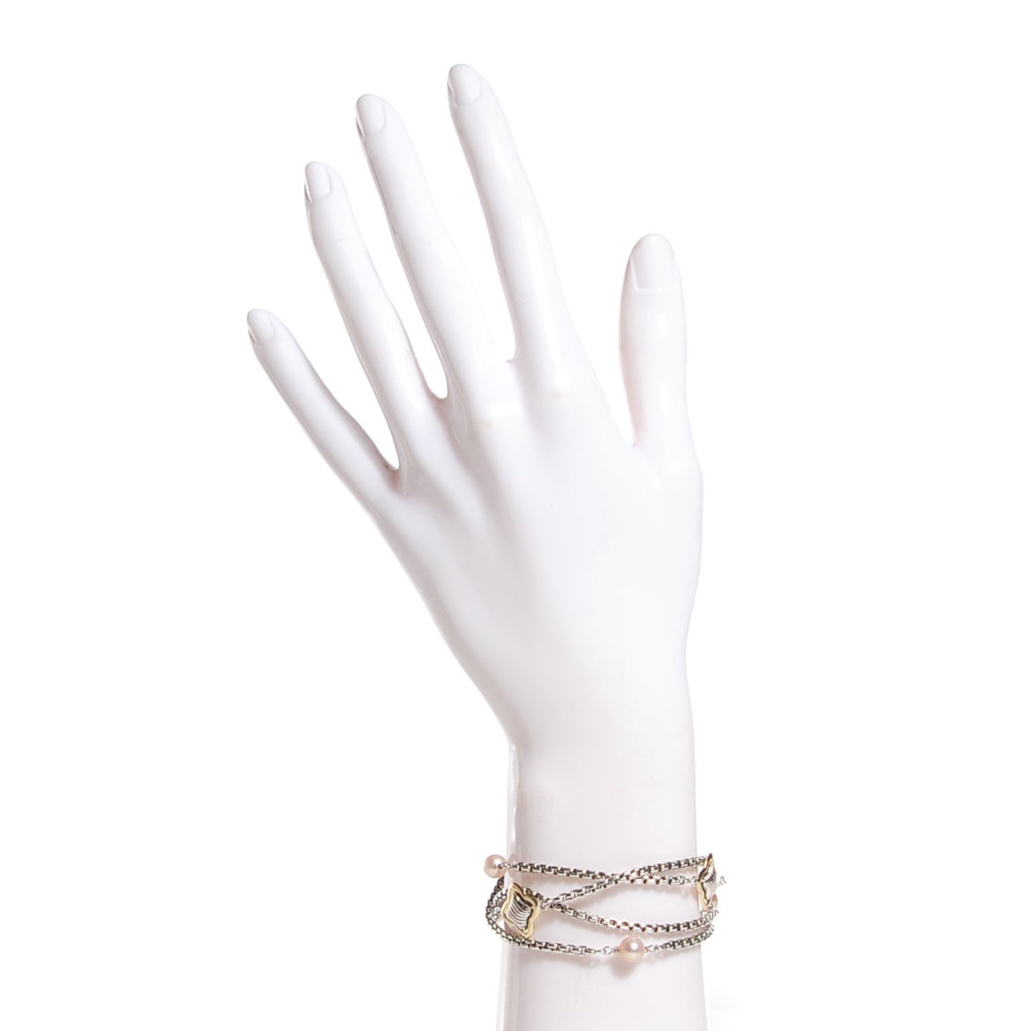 Sterling Silver 18K Yellow Gold Pearl Multistrand Quatrefoil Bracelet