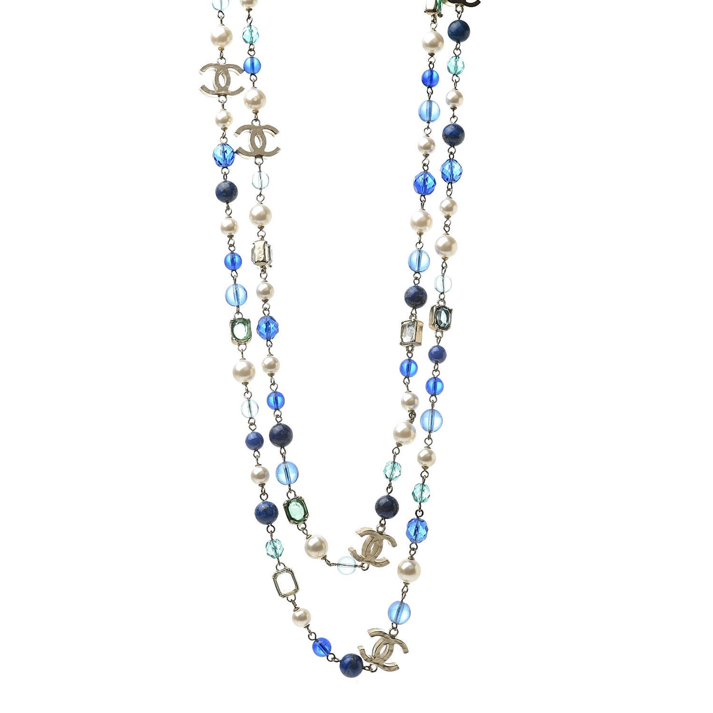 Pearl Beaded CC Long Necklace Gold Green Blue